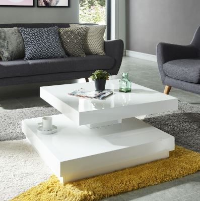 TABLE BASSE VEGAS LAQUÉ BLANC BRILLANT PLATEAU PIVOTANT