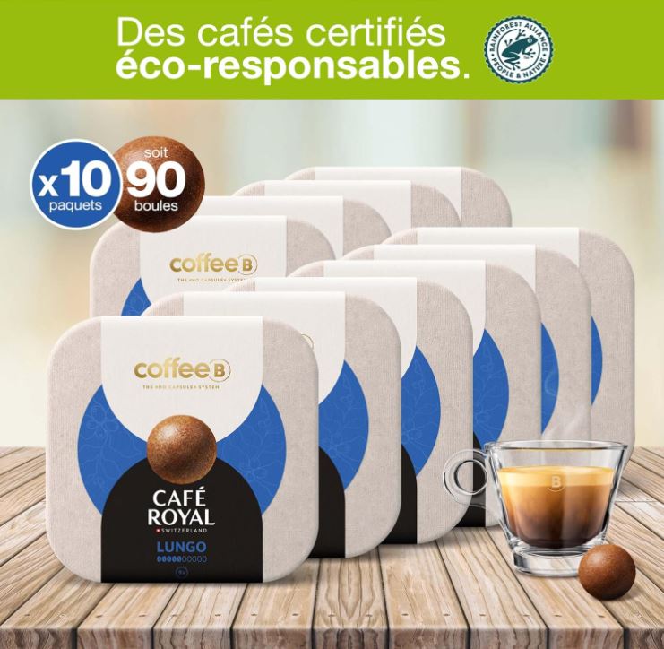 90 Coffee Balls Lungo – Boules de café haut de gamme 100% compostable – Spécialement conçues pour l&rsquo;utilisation de la machine à café CoffeB by Café Royal
