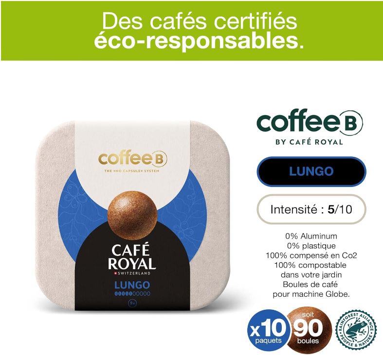 90 Coffee Balls Lungo – Boules de café haut de gamme 100% compostable – Spécialement conçues pour l&rsquo;utilisation de la machine à café CoffeB by Café Royal