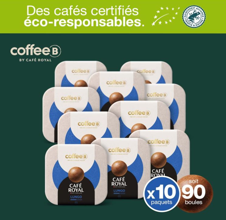 90 Coffee Balls Lungo – Boules de café haut de gamme 100% compostable – Spécialement conçues pour l&rsquo;utilisation de la machine à café CoffeB by Café Royal