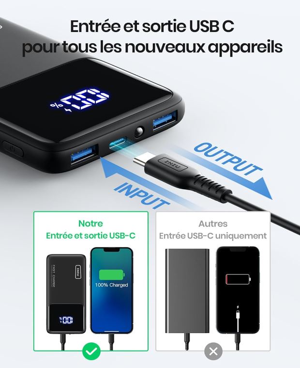 INIU Batterie Externe, 22.5W 10000mAh Power Bank, Batterie Portable USB C Input & Output PD3.0 QC4.0 Charge Rapide Power Bank Compatible avec iPhone 15 14 13 12 Pro Max Mini Plus Samsung iPad Pro etc
