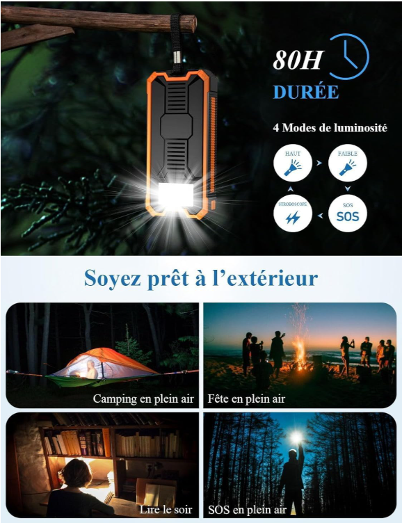 Batterie Externe Solaire 20 000mAh avec Charge Rapide PD 20W – USB-C & Multiports