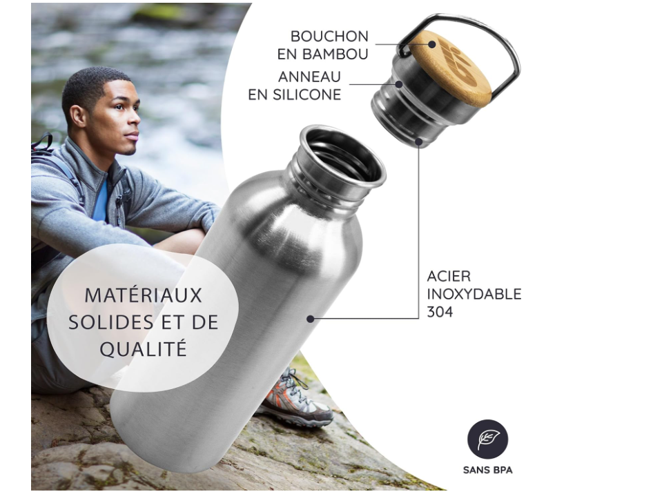 Bambaw Gourde 500 ml | Gourde écologique | Gourde inox non-isotherme | Gourde sport | Gourde acier inoxydable | Gourde sans BPA | Bouteille inox | Bouteille sans BPA | Gourde Infusion Inox